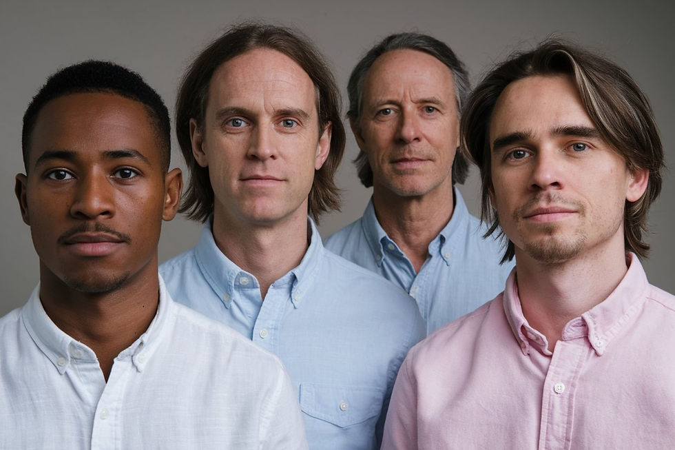 Portrait de 4 personnes dont un africain, portant des différentes chemises d'été, vue de face.