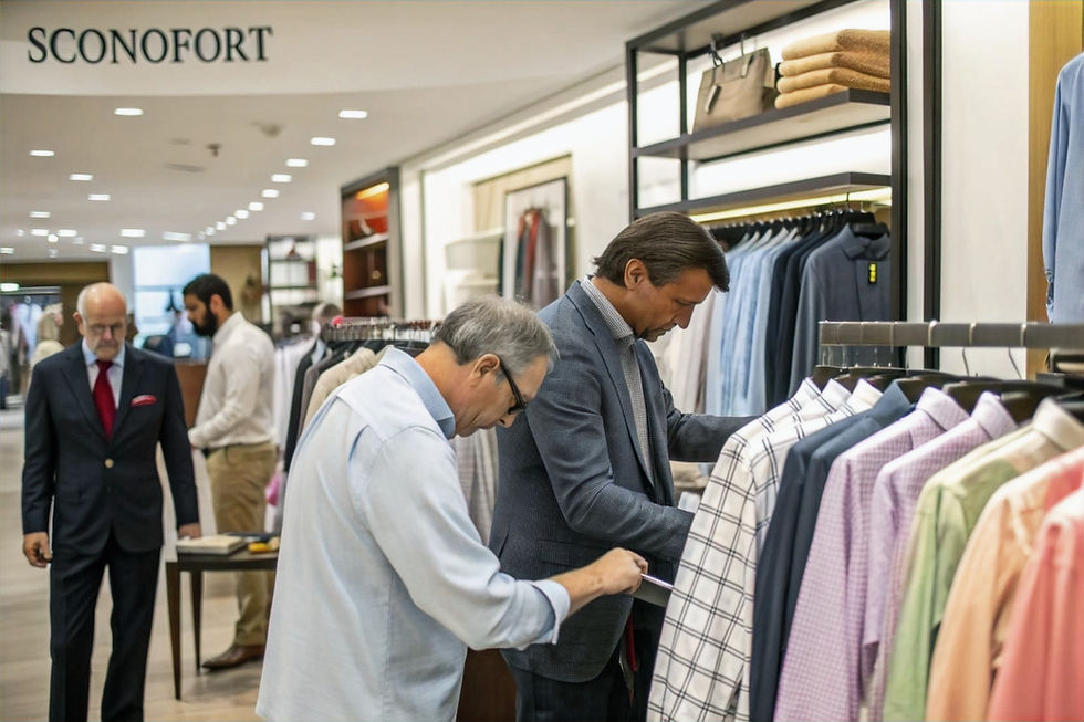 Men choosing shirts in a men's clothing store