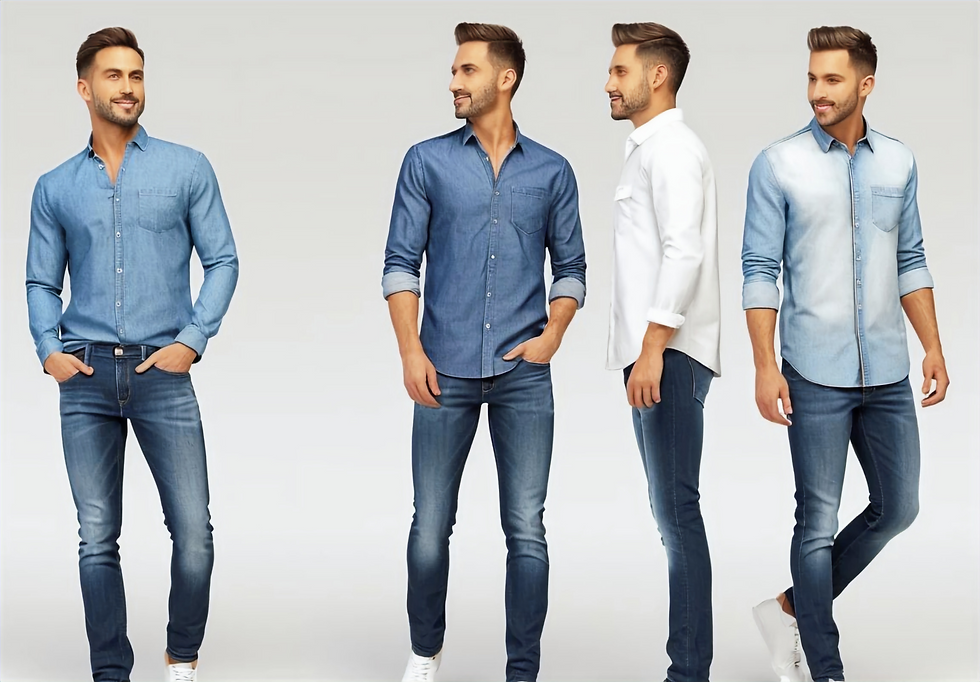 Portrait of 4 men wearing long sleeve shirts, and blue jeans pants, front view.