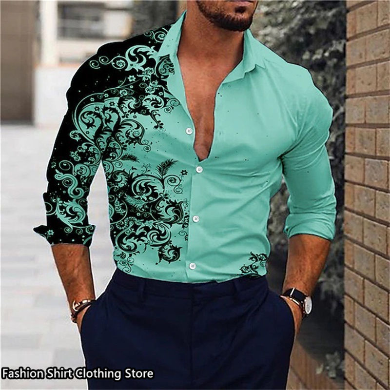 Miniature : Homme portant une  - Chemise hawaïenne classique verte – Manches longues, coupe ample vue de face
