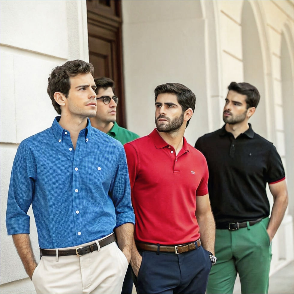 Portrait de quatre hommes portant différentes chemises Simons, différents couleurs et styles, vue de face. (2)