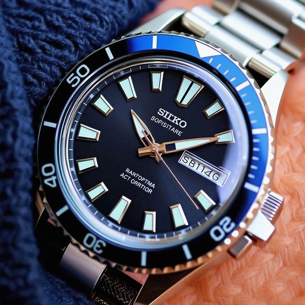 Portrait d'une montre Seiko, cadran noir, lumineux, bracelet en acier inoxydable, vue de face.