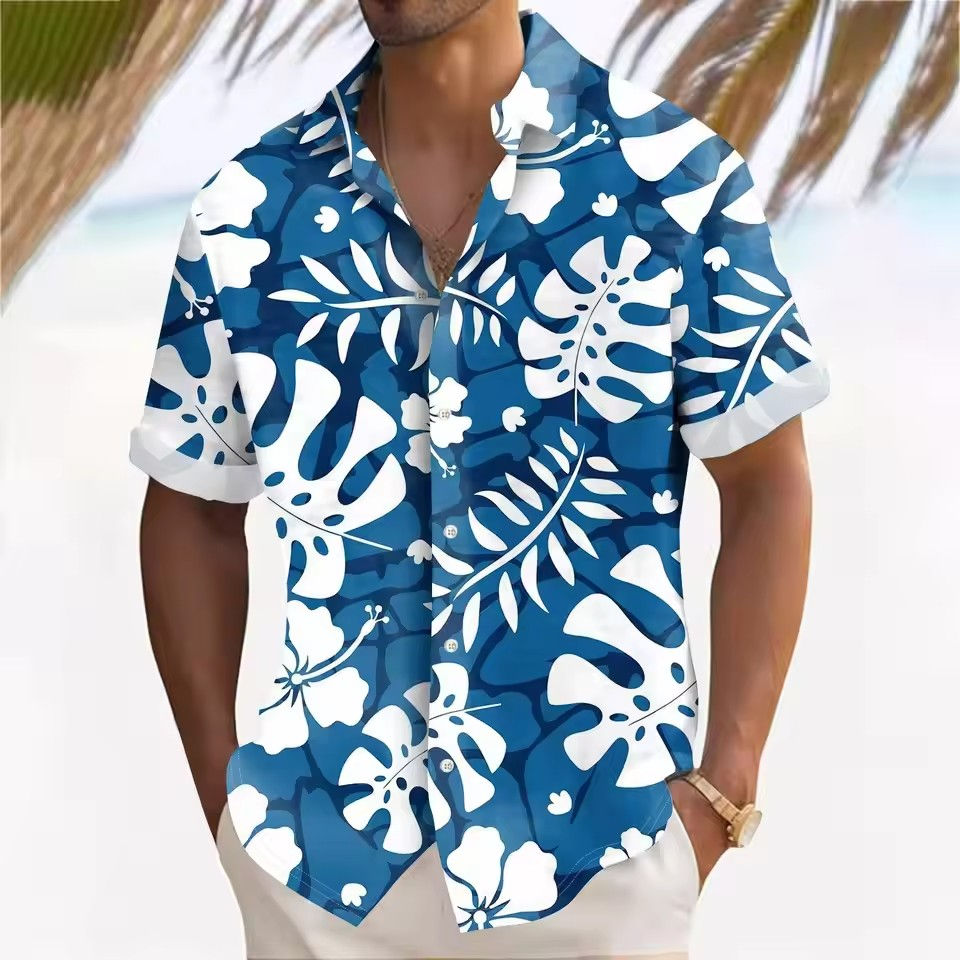 Miniature : Homme portant une Chemise  d’été à Manches Courtes – Style plage décontracté avec imprimé paysage vue de face 14