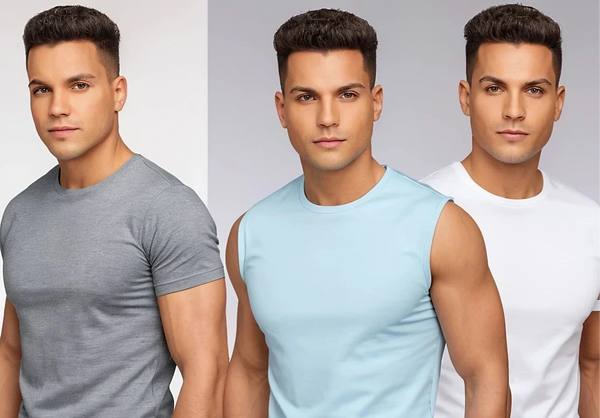 Portrait de trois hommes portant des t-shirts, cols ronds, gris crème et blanc, vue de face.Portrait de trois hommes portant des t-shirts, cols ronds, gris v sans manches et blanc, vue de face.