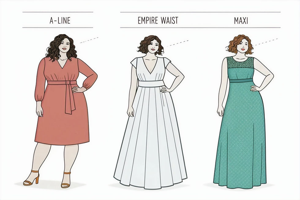 Diagrams of three women wearing plus size dresses in different styles