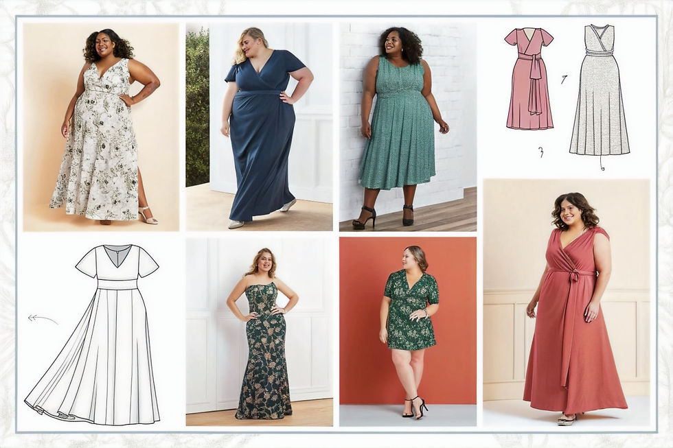 Six women wearing plus size dresses + three plus size dress diagrams