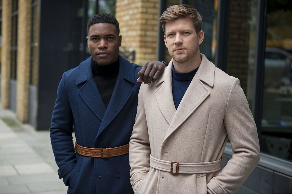 Portrait of Portrait of 2 men, one of whom is African-American, wearing winter coats, made of wool, with belts of different types and colors, dark blue and beige, standing outdoors, front view.