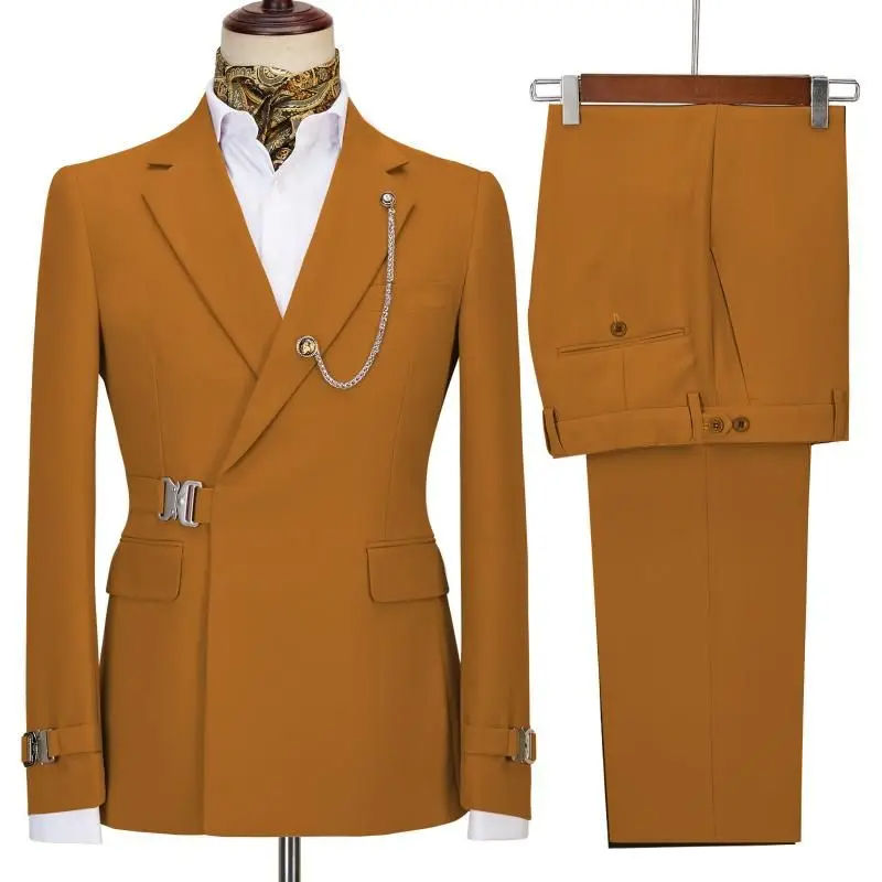 Miniature : Blazer et pantalon homme design italien chocolat au lait avec bouton central et coupe ajustée vue de face