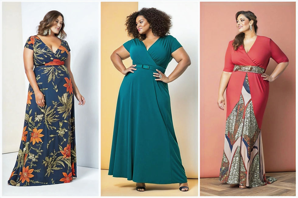 Three women wearing plus size dresses, different styles, front view
