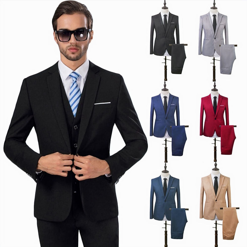 Portrait d'un homme portant un costume de bureau, une chemise blanche, un cravate bleue et des lunettes de soleil ainsi que d'autres costumes différentes couleurs, suspendus sur des portes costumes, vue de face.