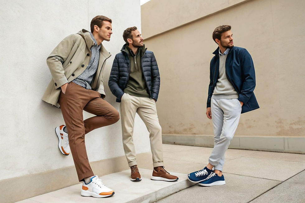 Three men in casual mode, wearing comfortable sports shoes, front view