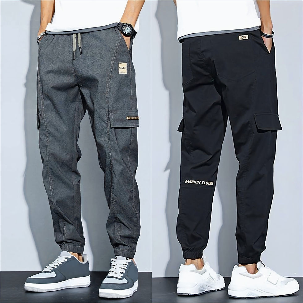 Deux hommes en pantalons cargos hommes noir et gris vue de face et de dos