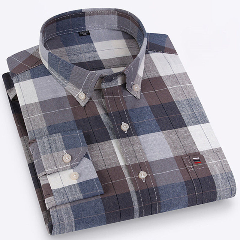 Thumbnail: Chemise Homme Oxford à Carreaux Classiques – Manches Longues grise 2 Confort & Élégance 100% Coton vue de face