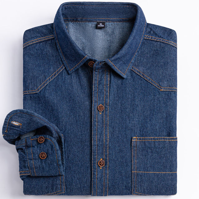 Thumbnail: Chemise Homme Denim Western 100 % Coton – Confortable, Durable & Style Authentique bleue 5 pliée vue de face