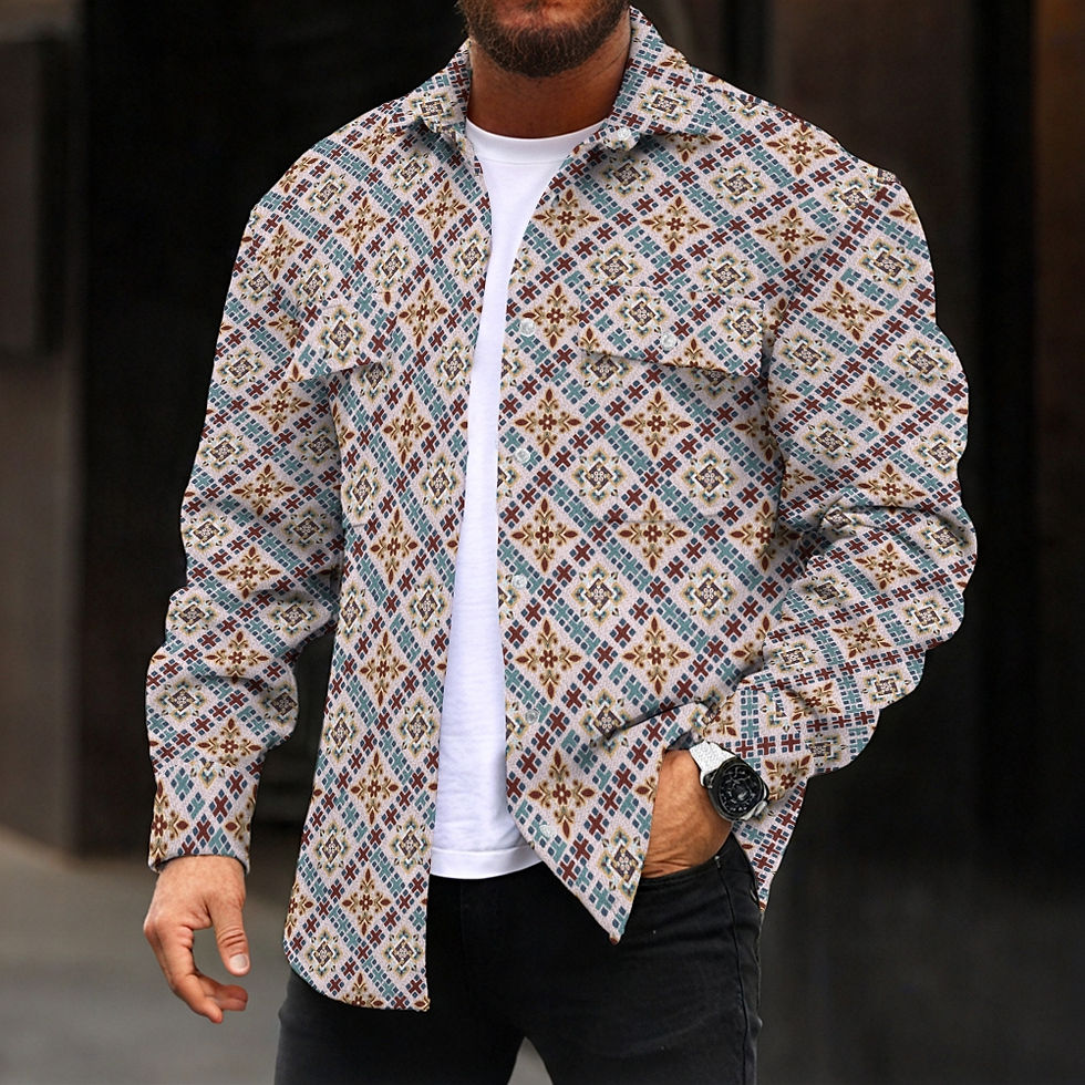 Homme portant veste ethnique style bohème sur fond urbain 1