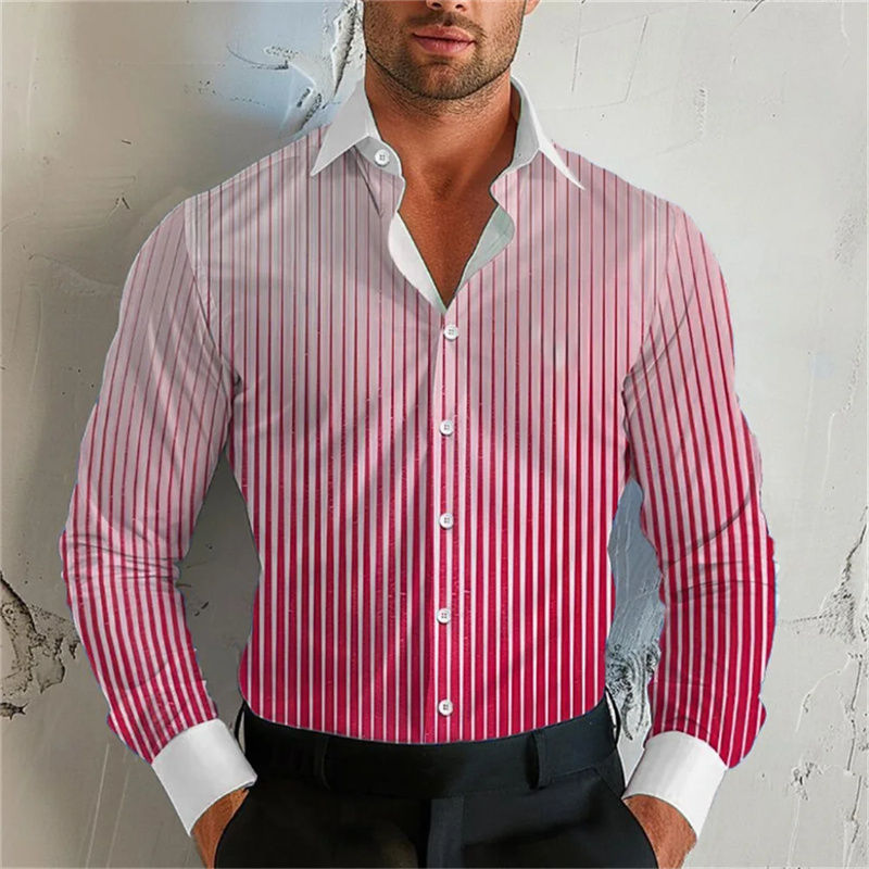 Miniature : Homme portant une Chemise homme à rayures dégradées – Élégante & moderne, manches longues rouge vue de face