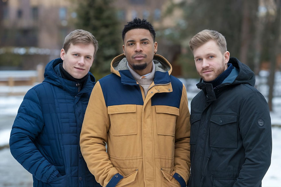 Portrait de 3 hommes dont un afroaméricain, portant des manteaux d'hiver, différents types et couleurs, se trouvant en plein air, vue de face.