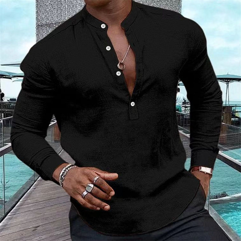 Thumbnail: Homme portant un Cardigan Henley Décontracté – Manches Longues, Col Demi-Pull, Uni noir vue de face