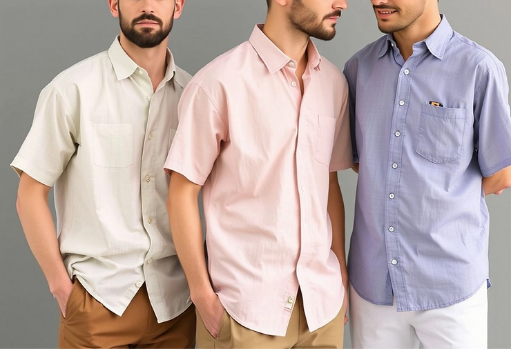 Portrait of three men wearing short sleeve shirts, khaki, pink and move, front view.
