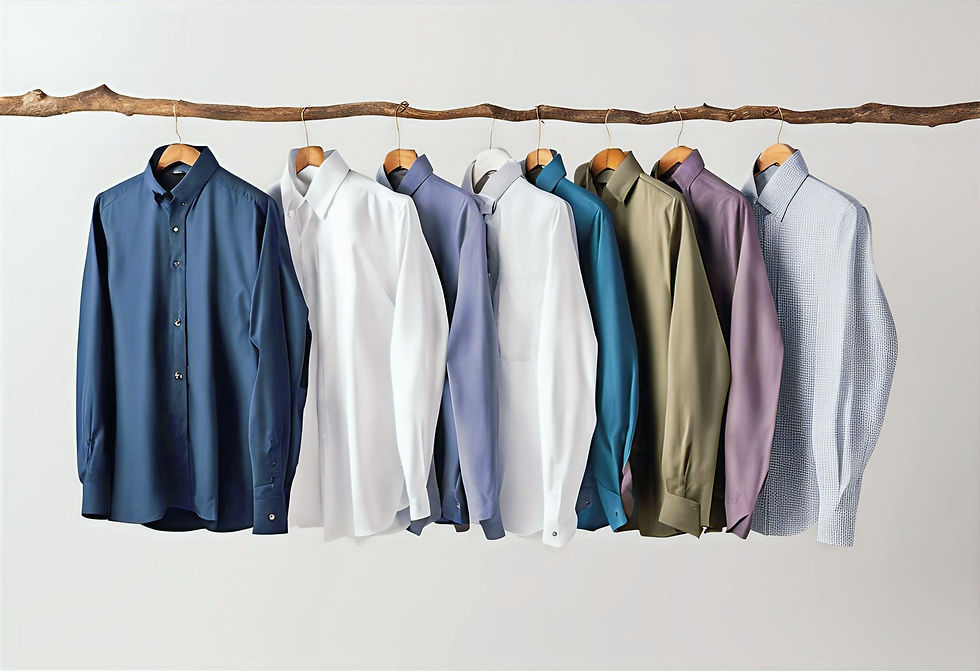 Portrait de huit chemises pour hommes, différentes couleurs, vue de face.