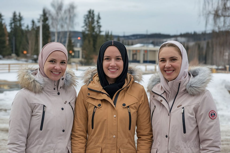 Portrait of three veiled women wearing winter coats, beige, apricot and move, standing outdoors, front view.