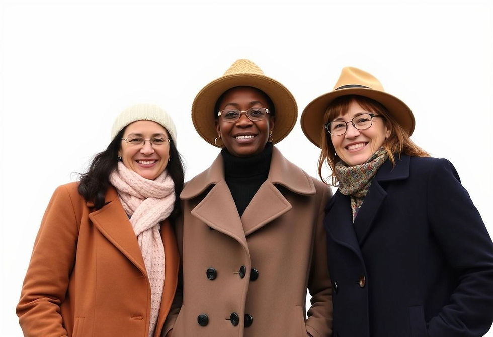 Portrait de trois femmes dont une afroaméricaine portant des manteaux chauds, apricot, chocolat et noir des écharpes, des chapeaux ainsi que des lunettes claires, vue de face.