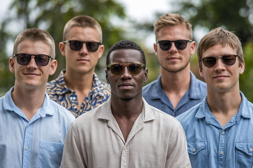 Portrait de 5 personnes dont un africain, portant des différentes chemises d'été, vue de face 3