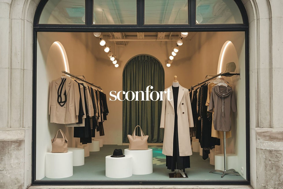 Portrait de la boutique de vêtements et de poduits de beauté en ligne "sconfort.com", vue de l'intérieur.