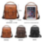 Portrait de cinq sacs à main pour homme multifonction 3 kakis avec une tablette en face de l'un d, brun et noir, vue de face.