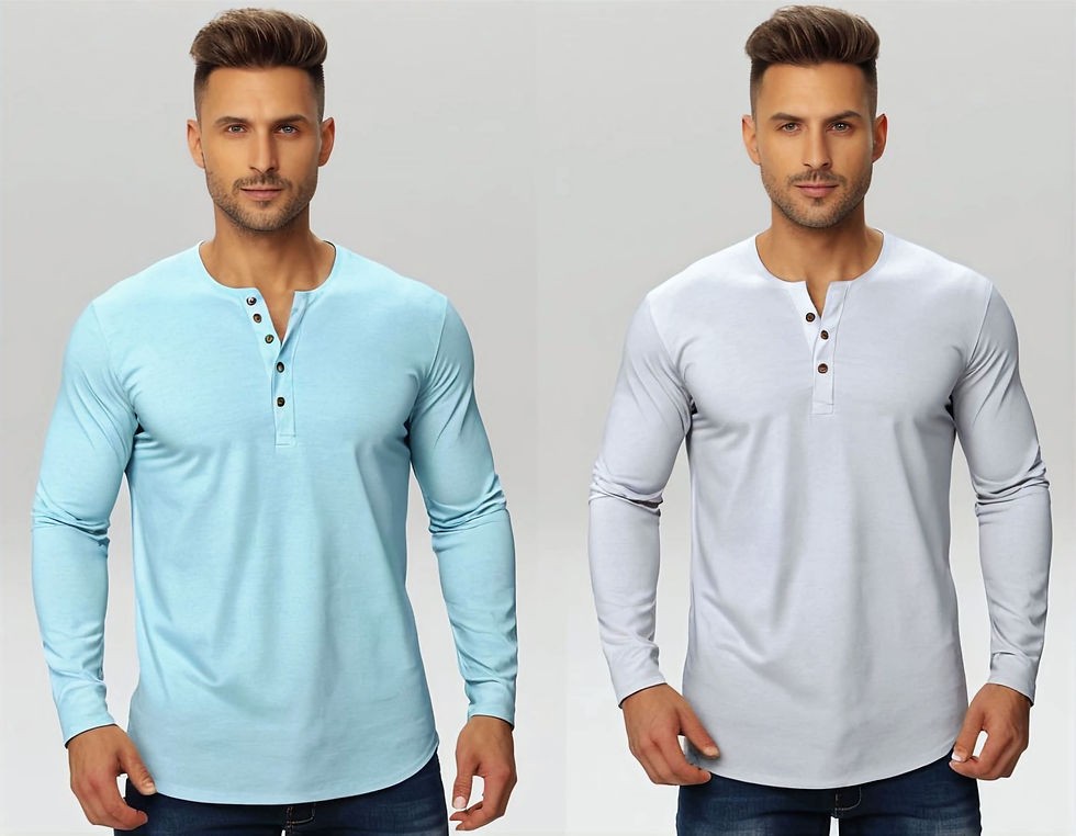 Portrait of two men wearing high quality, casual, green and white men's shirts, front view.