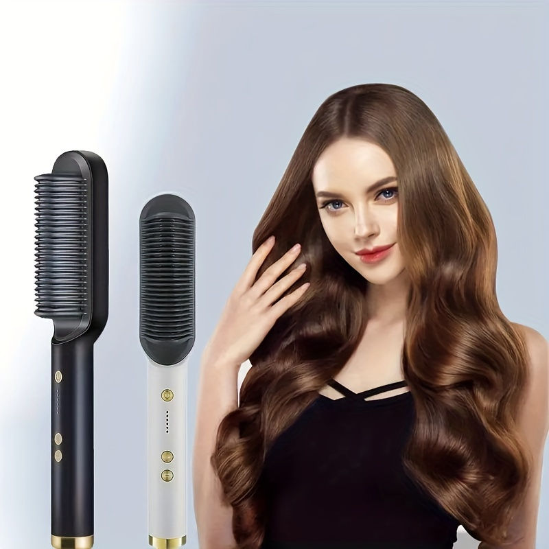 Thumbnail: Tête d'une femme avec 2 Peignes Électriques 2 en 1 pour Cheveux Raides