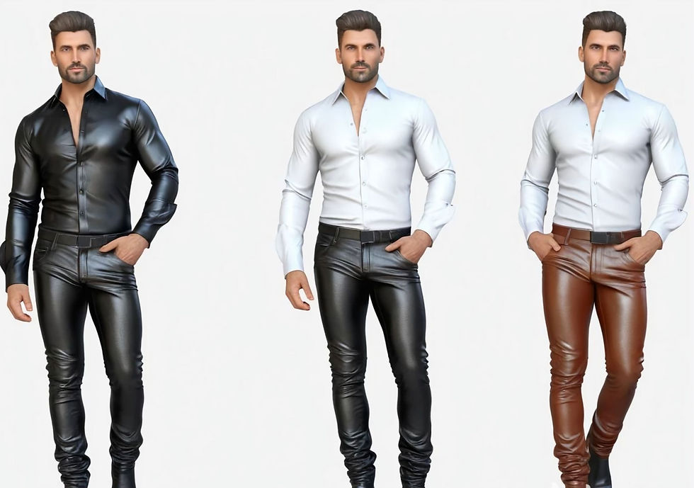 Portrait de trois hommes portant des chemises, noire et deux bleues claires ainsi que des pantalons en cuir, deux noirs et un marron, vue de face.