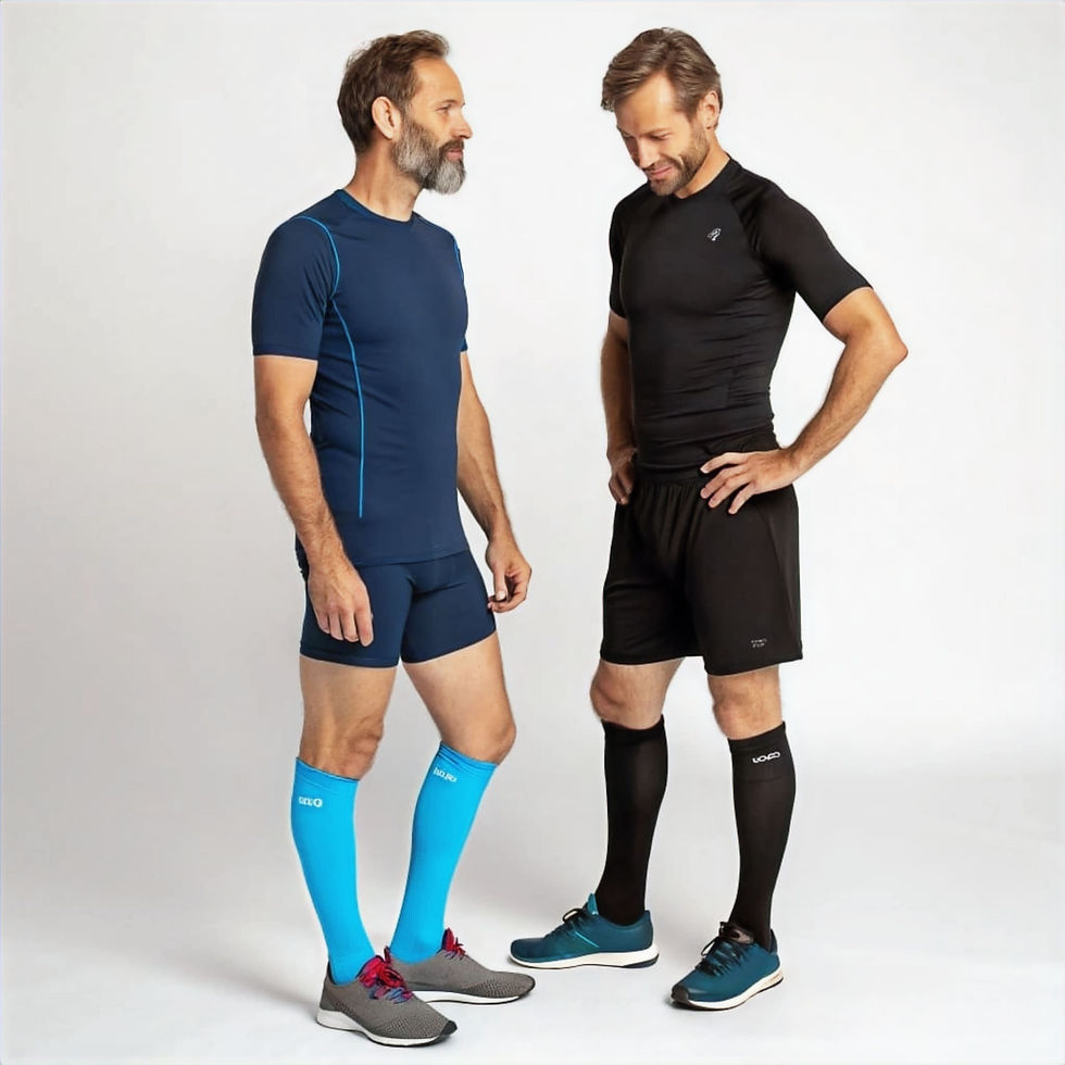 Portrait de deux personnes portant des chaussettes compression graduée, bleue et noires, vue de face.