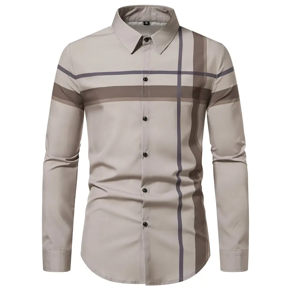 Thumbnail: Chemise à manches longues homme – Rayée, légère et tendance – Printemps-Été kaki vue de face