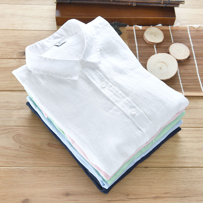 Thumbnail: Chemise homme en lin à manches longues – Style italien décontracté, 100% lin blanche pliée