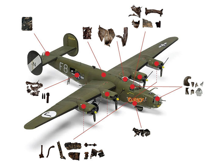 Photographie des emplacements des reliques dans le bombardier B-24 Harmful Lil Armful
