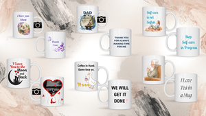 Personalised and novelty mugs collection including Mum, Dad, self-care and photo mugs.