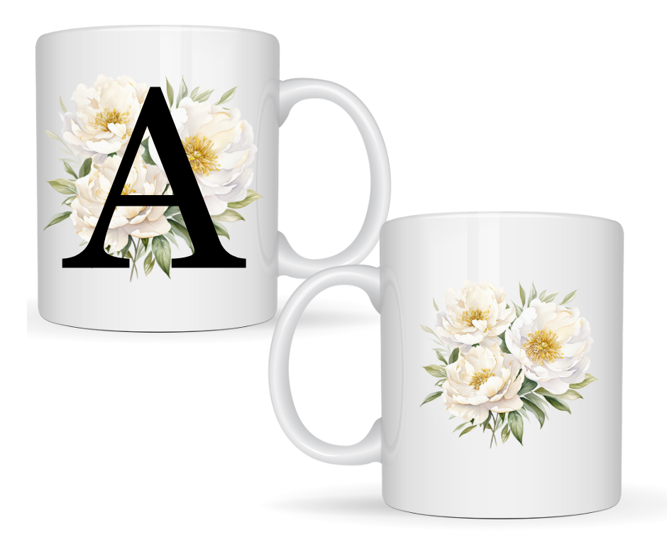 First Initial printed mug - front of mug with flower in background, same flower printed on back.