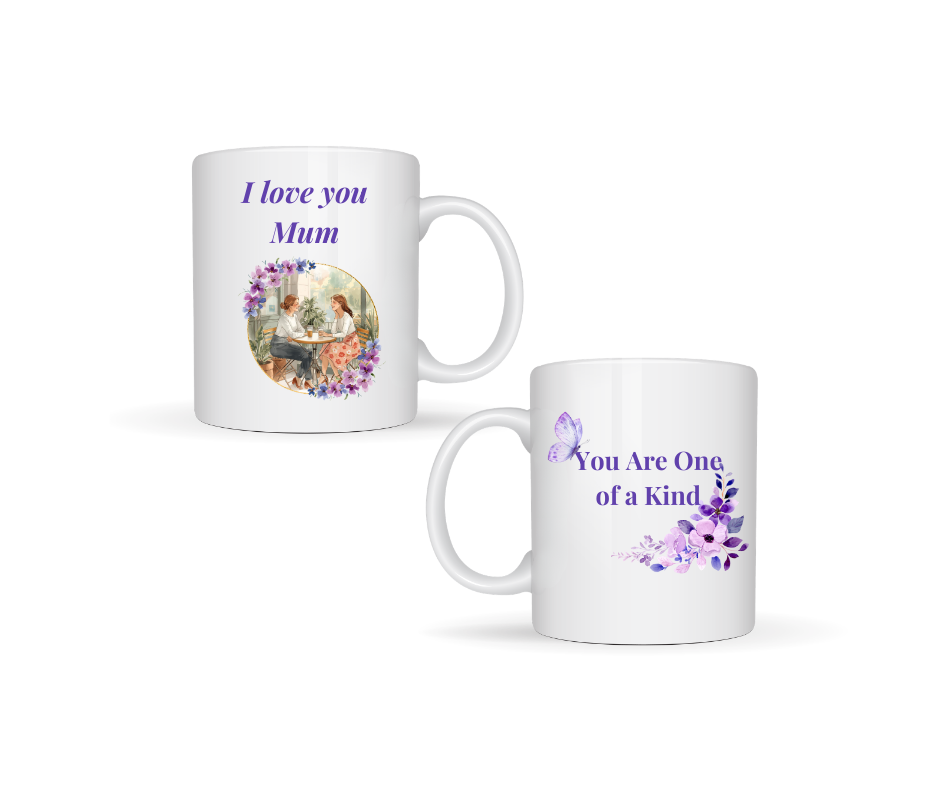 Thumbnail: White Mug Front - I love you Mum in purple and photo with purple floral border, Back - purple You Are One of a Kind, florals