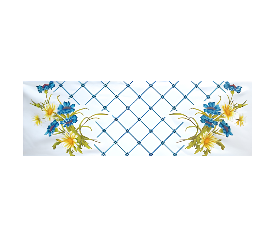 Hobbytex Emmeline Table Runner featuring cornflowers and daisies, printed on luxury white polycotton, measuring 75 × 26cm.