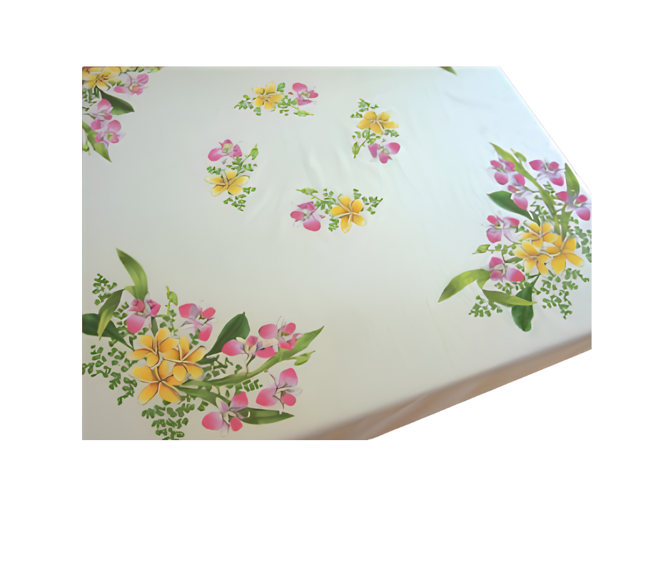 Hobbytex Frangipani Tablecloth printed on luxury white polycotton, measuring 110 ร 110cm and ready to paint.
