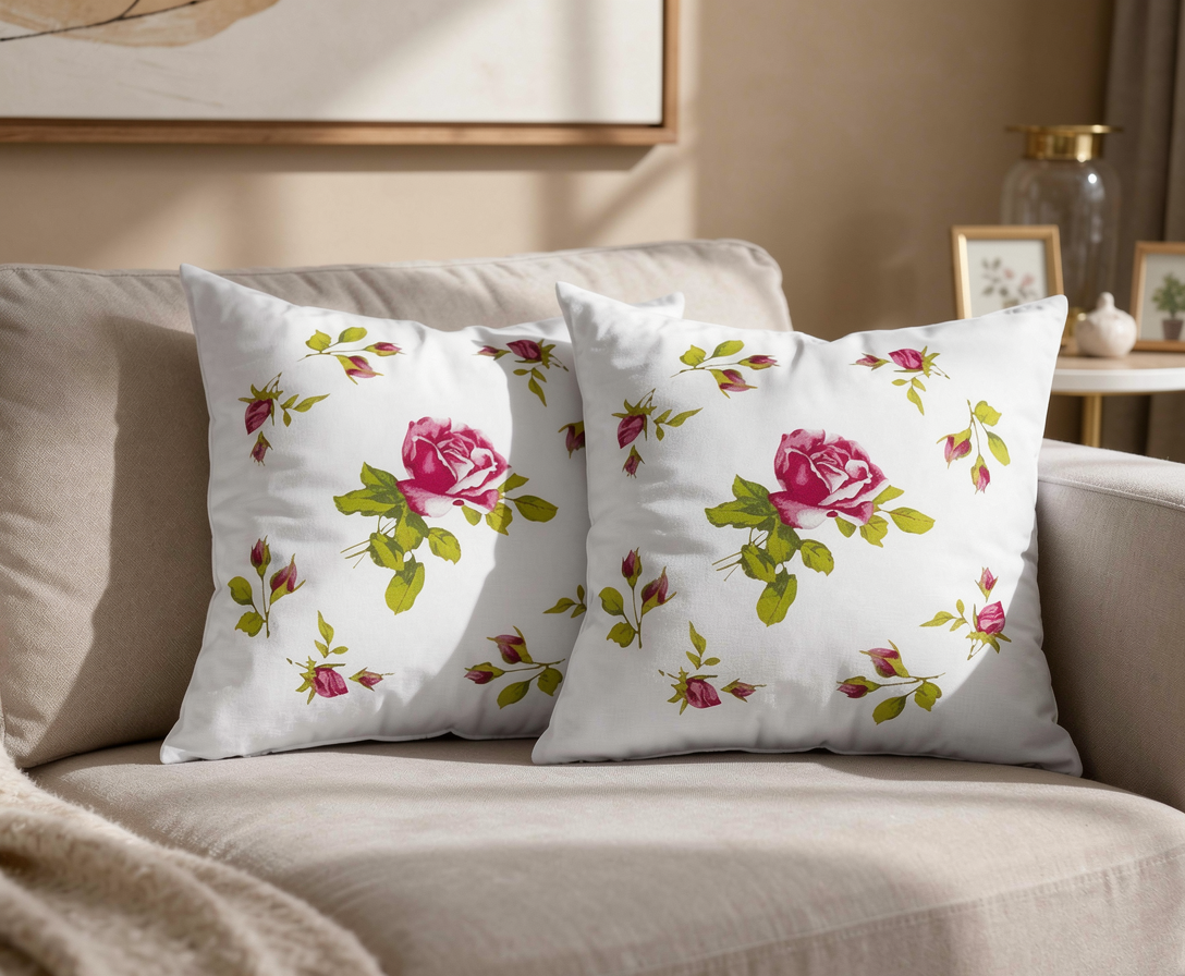 Hobbytex English Rose 2 Cushion Cover Set, sitting on a couch in a loungeroom