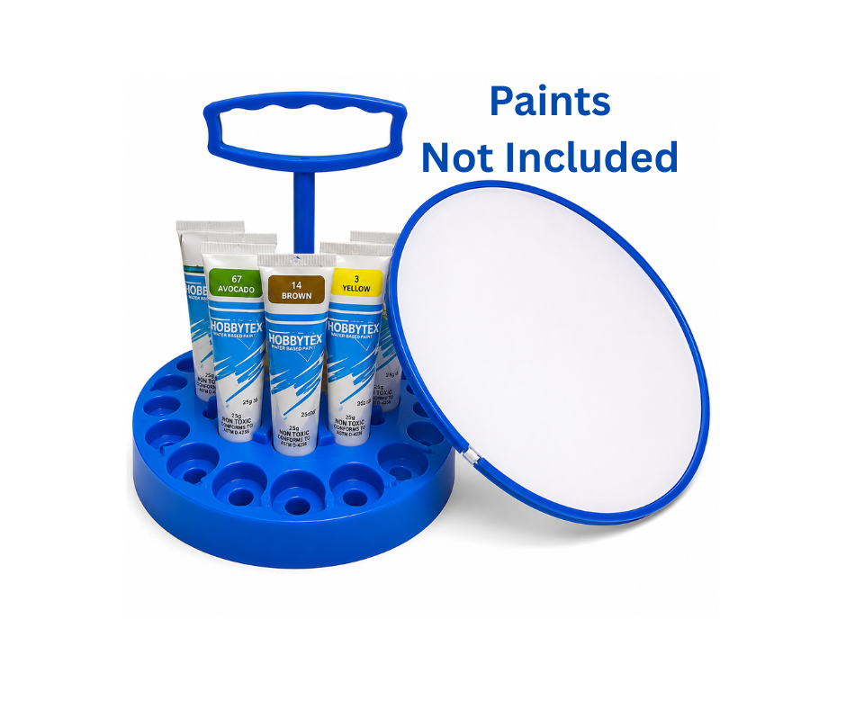 Hobbytex Blue 30-Hole Paint Toter and matching Oval Hoop accessory set. Paints not included.