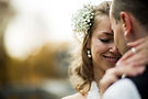 Romantic wedding couple embrace