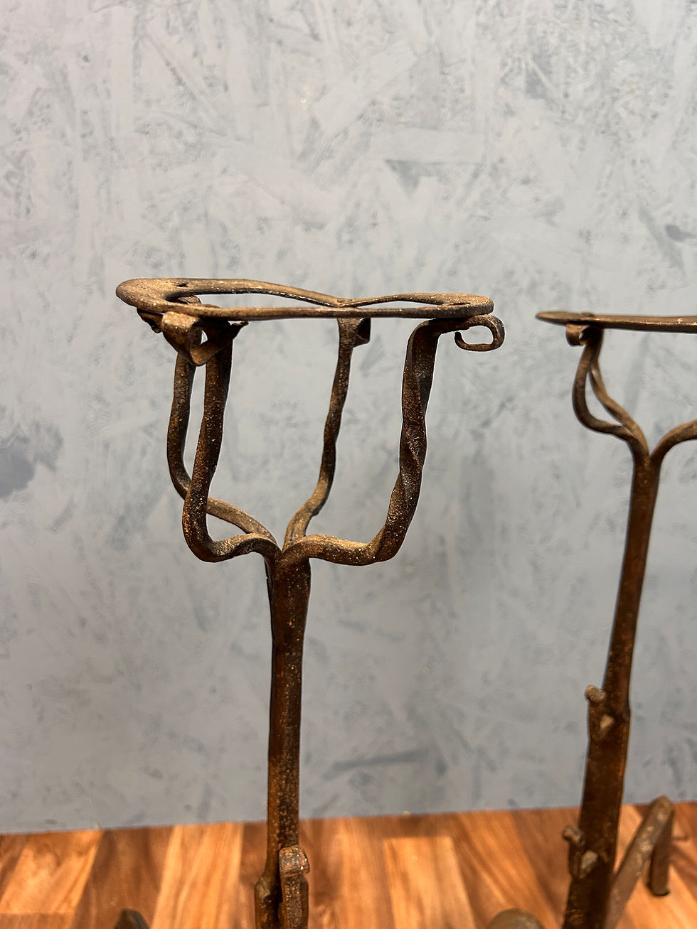 Thumbnail: A Pair Of 18th Century Wrought Iron Fire Dogs With Cresset Tops 
