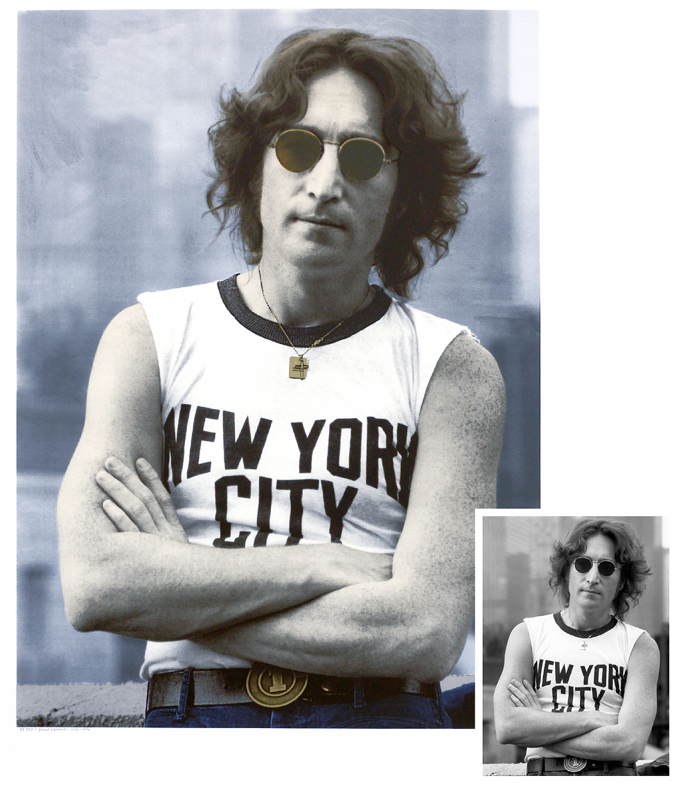John Lennon, NYC, 1974, Bob Gruen, 2014, silkscreen on 2 ply Museum Board, 40" x 54 (Gary Lichtenstein Editions). Inset, John Lennon on rooftop in New York City, August 29, 1974 (©Bob Gruen).