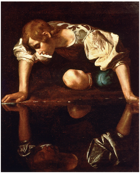 Painting by Caravaggio, Narcissus (1598-99), oil on canvas, Galleria Nazionale d'Arte Antica, Rome