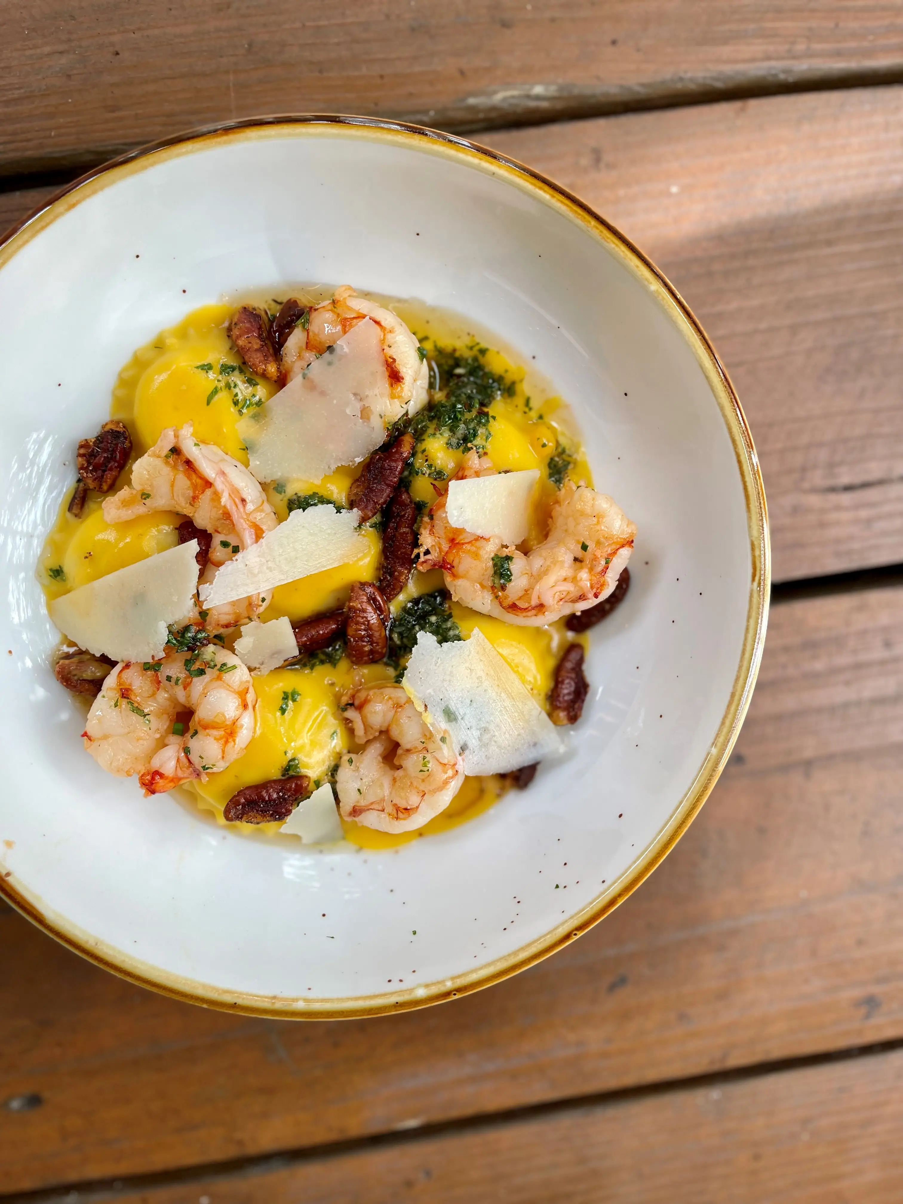 Butternut Squash Ravioli with Royal Red Shrimp, Parmesan, spiced pecans Appetizer Palmetto