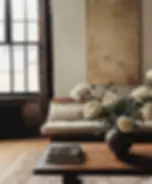 Neutral living room with white peonies and natural textures – design retainer service by Vicky Floros Studio