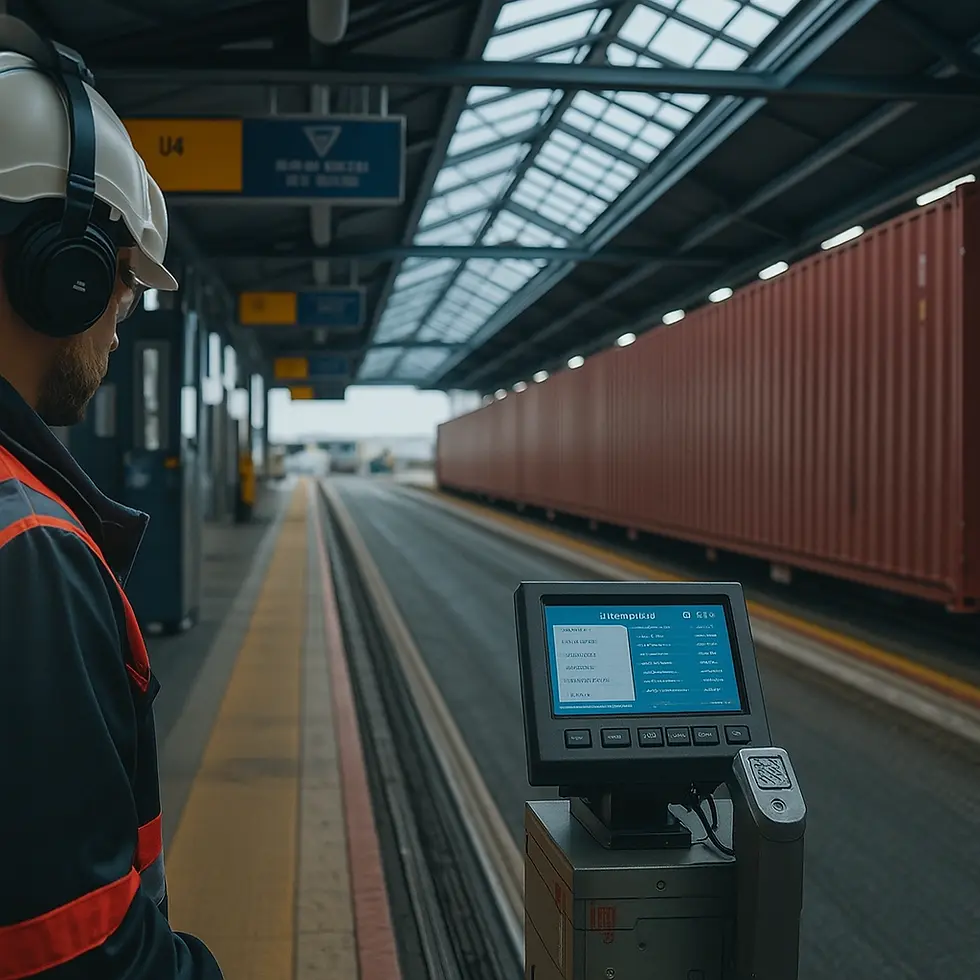 Funcionário com capacete monitorando o fluxo de contêineres por RFID em terminal ferroviário coberto